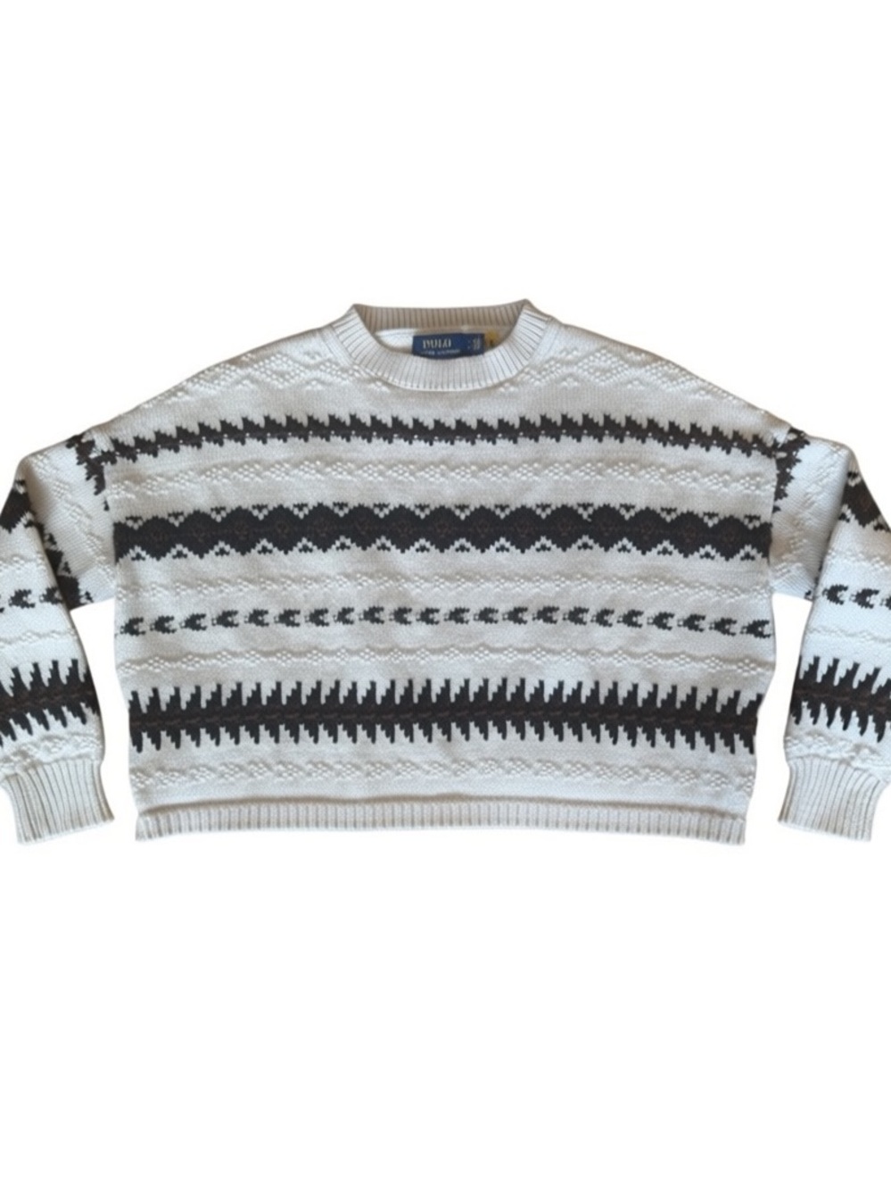 Authentic Polo Ralph Lauren Cotton/Linen Geometric Jacquard Knit Cropped Sweater - Picture 4 of 13